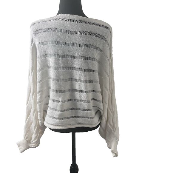 Women's Oversized Ivory Boat Neck Pointelle Knit Pullover Sweater - Picture 4 of 6